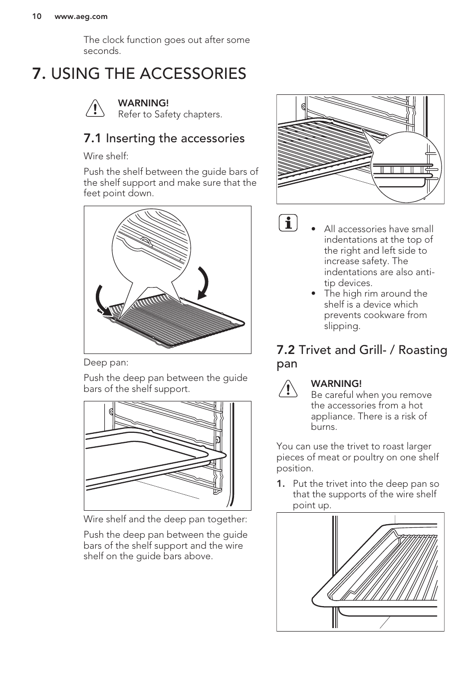 Using the accessories, 1 inserting the accessories, 2 trivet and grill- / roasting pan | AEG BP5304001M User Manual | Page 10 / 24