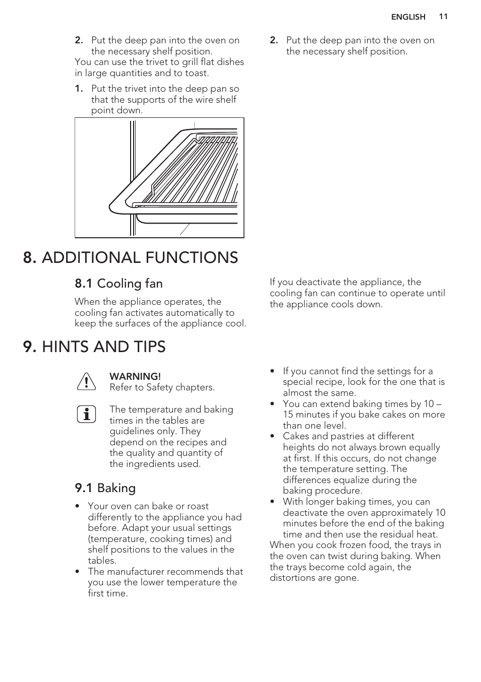 Additional functions, 1 cooling fan, Hints and tips | 1 baking, Additional functions 9. hints and tips | AEG BP5304001M User Manual | Page 11 / 24