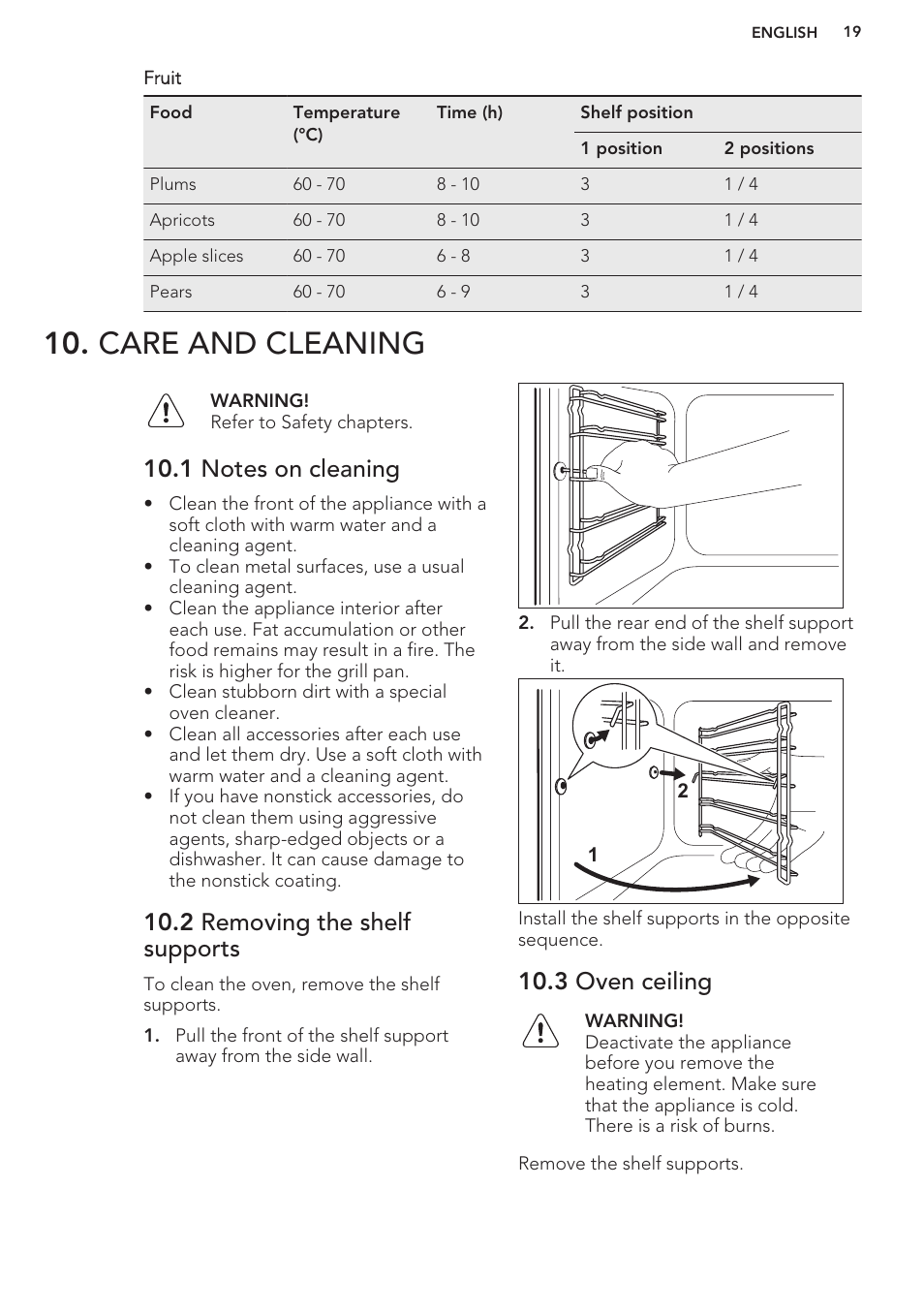 Care and cleaning, 1 notes on cleaning, 2 removing the shelf supports | 3 oven ceiling | AEG BP5304001M User Manual | Page 19 / 24