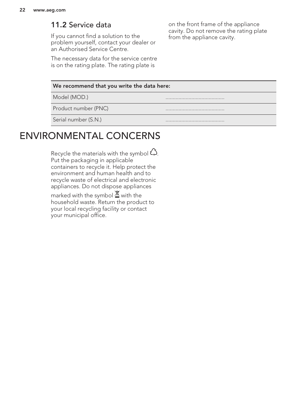 2 service data, Environmental concerns | AEG BP5304001M User Manual | Page 22 / 24