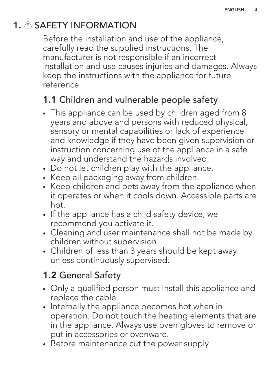 Safety information, 1 children and vulnerable people safety, 2 general safety | AEG BP5304001M User Manual | Page 3 / 24