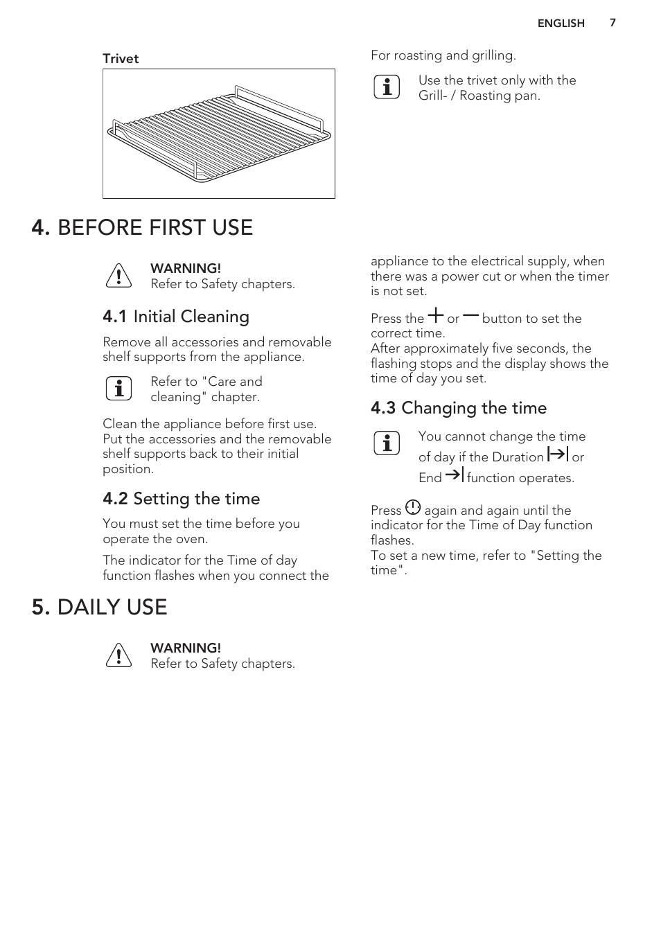 Before first use, 1 initial cleaning, 2 setting the time | 3 changing the time, Daily use, Before first use 5. daily use | AEG BP5304001M User Manual | Page 7 / 24