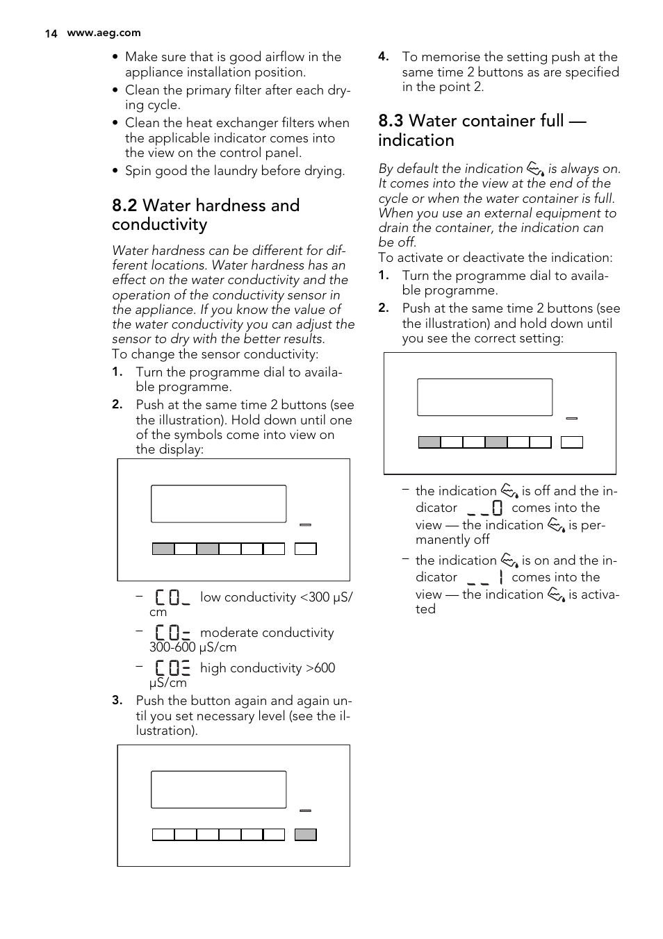 2 water hardness and conductivity, 3 water container full — indication | AEG T86585IH User Manual | Page 14 / 52