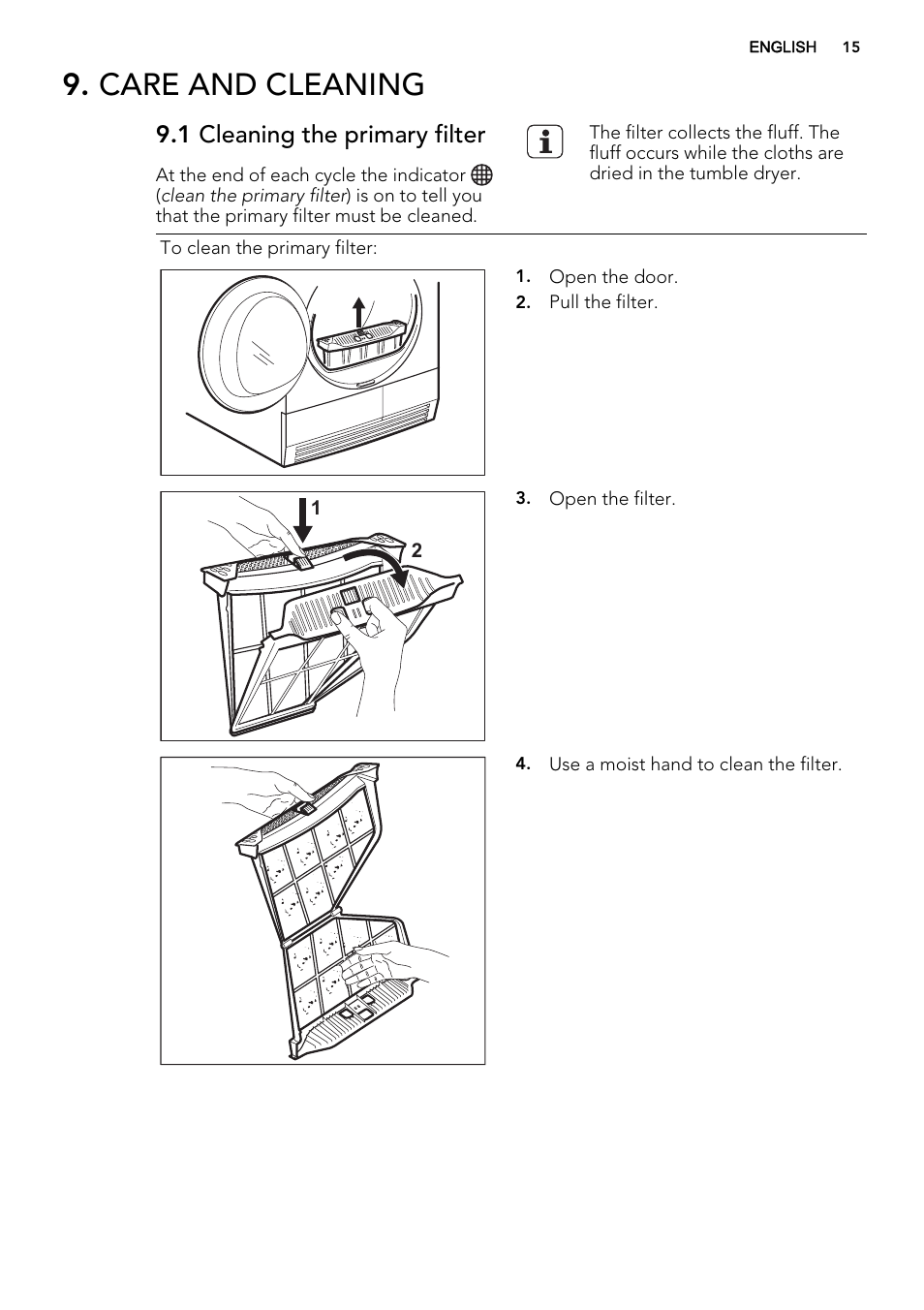Care and cleaning, 1 cleaning the primary filter | AEG T86585IH User Manual | Page 15 / 52