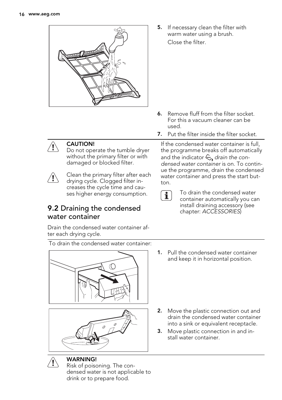 2 draining the condensed water container | AEG T86585IH User Manual | Page 16 / 52