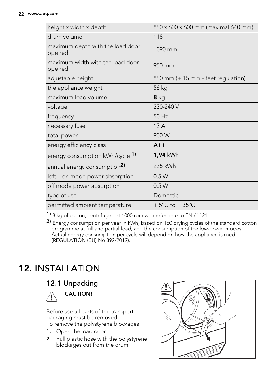 Installation, 1 unpacking | AEG T86585IH User Manual | Page 22 / 52