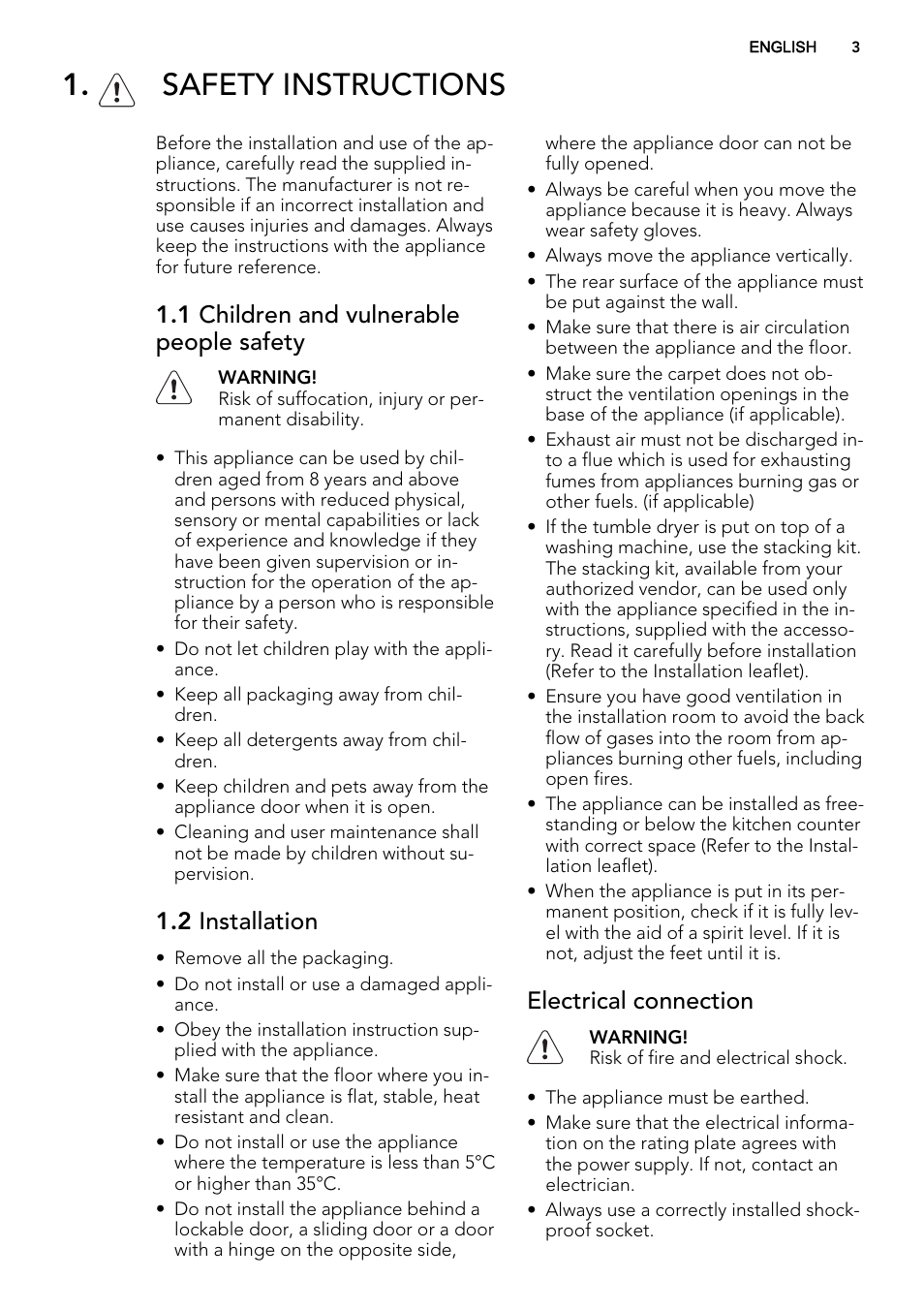 Safety instructions, 1 children and vulnerable people safety, 2 installation | Electrical connection | AEG T86585IH User Manual | Page 3 / 52