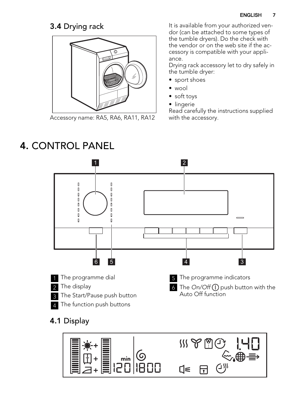 Control panel, 4 drying rack, 1 display | AEG T86585IH User Manual | Page 7 / 52