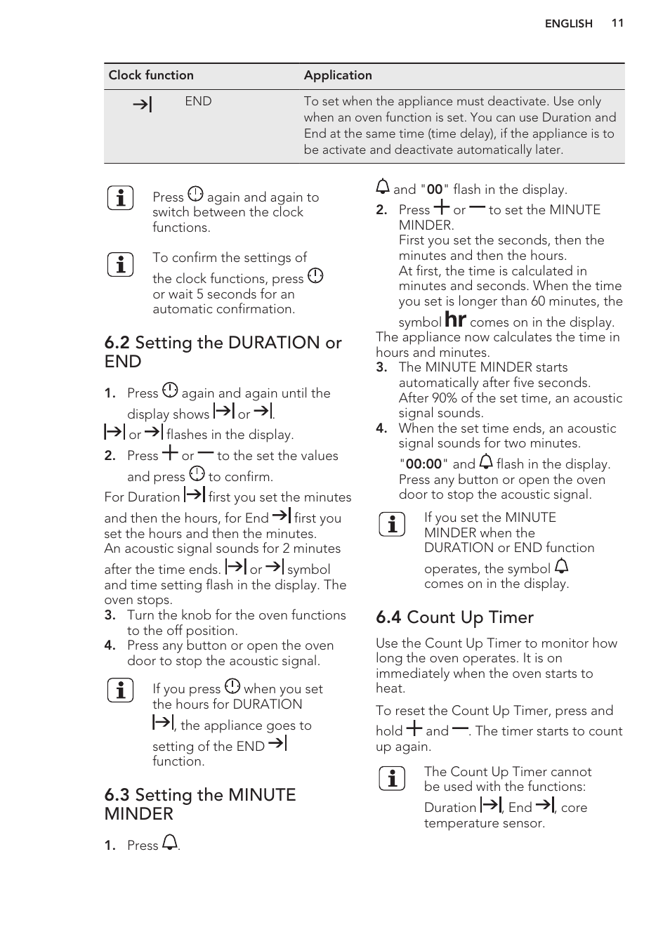 2 setting the duration or end, 3 setting the minute minder, 4 count up timer | AEG BE5304001M User Manual | Page 11 / 36