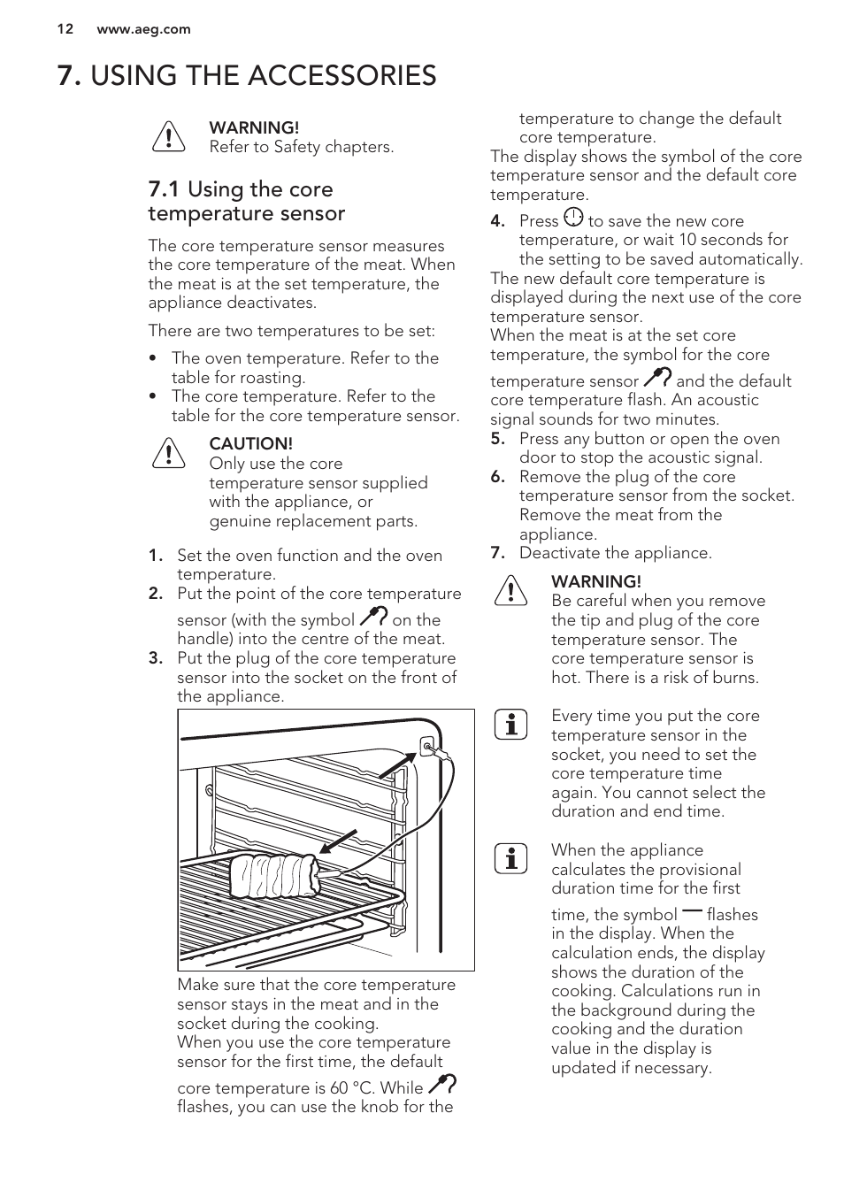 Using the accessories, 1 using the core temperature sensor | AEG BE5304001M User Manual | Page 12 / 36