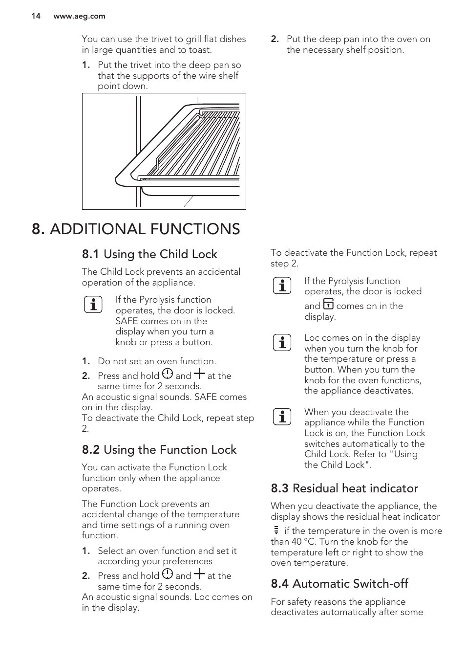 Additional functions, 1 using the child lock, 2 using the function lock | 3 residual heat indicator, 4 automatic switch-off | AEG BE5304001M User Manual | Page 14 / 36