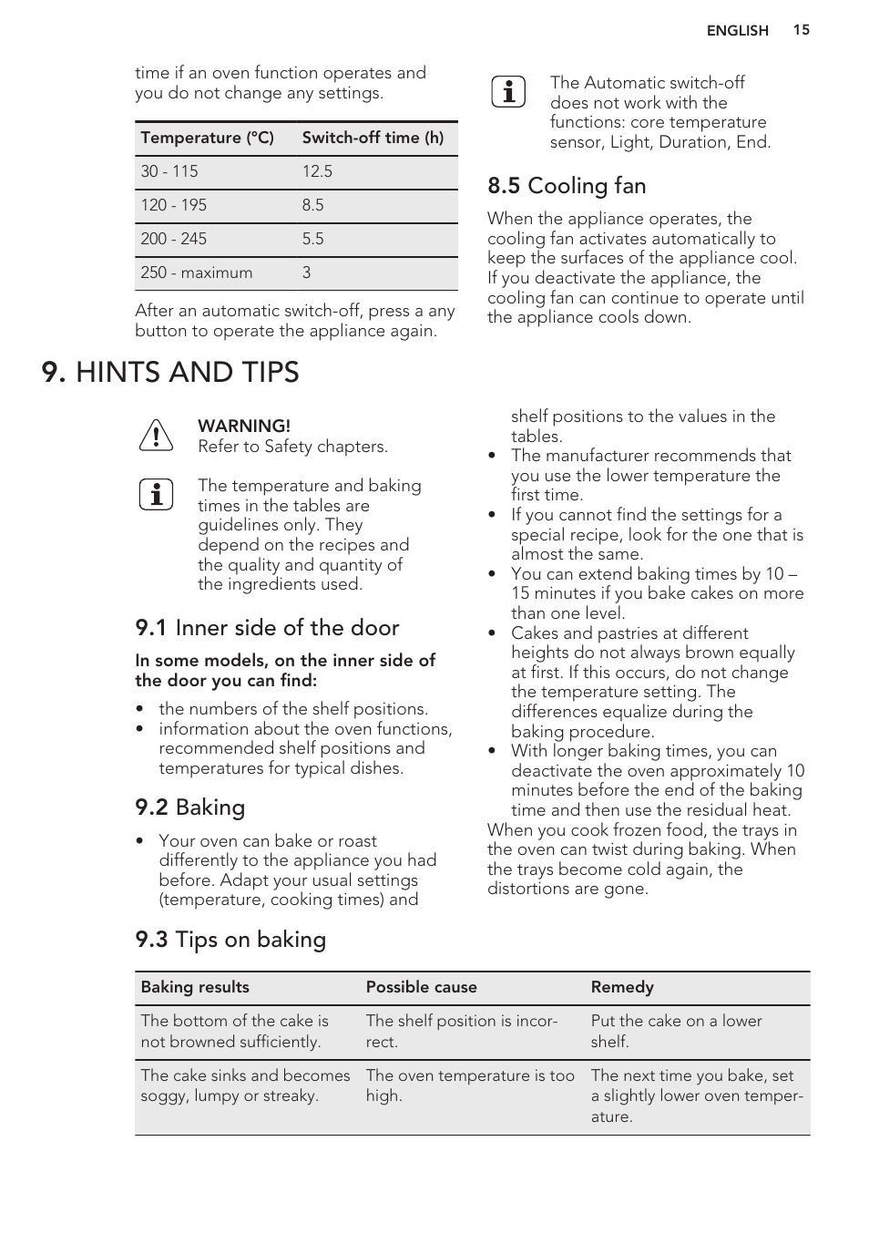 5 cooling fan, Hints and tips, 1 inner side of the door | 2 baking, 3 tips on baking | AEG BE5304001M User Manual | Page 15 / 36