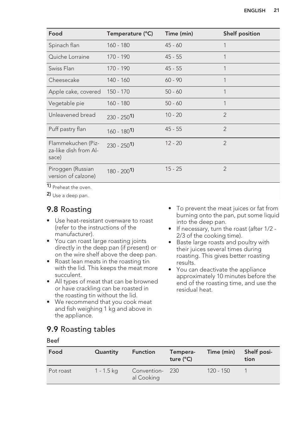 8 roasting, 9 roasting tables | AEG BE5304001M User Manual | Page 21 / 36