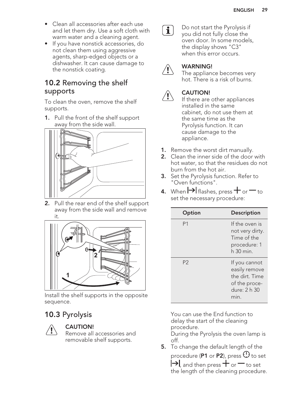 2 removing the shelf supports, 3 pyrolysis | AEG BE5304001M User Manual | Page 29 / 36
