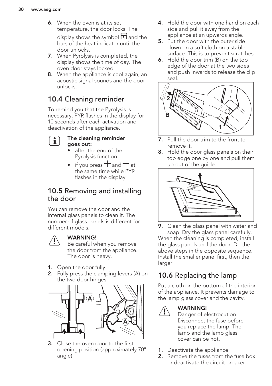 4 cleaning reminder, 5 removing and installing the door, 6 replacing the lamp | AEG BE5304001M User Manual | Page 30 / 36