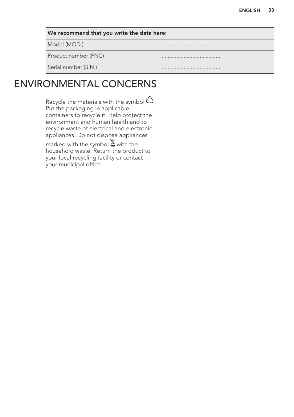 Environmental concerns | AEG BE5304001M User Manual | Page 33 / 36