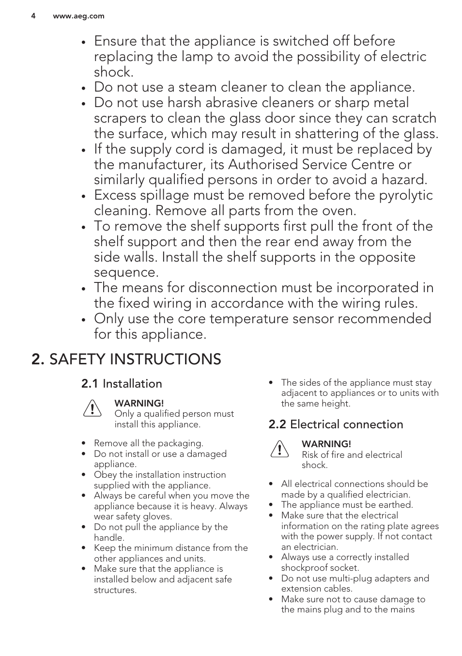 Safety instructions, 1 installation, 2 electrical connection | Do not use a steam cleaner to clean the appliance | AEG BE5304001M User Manual | Page 4 / 36