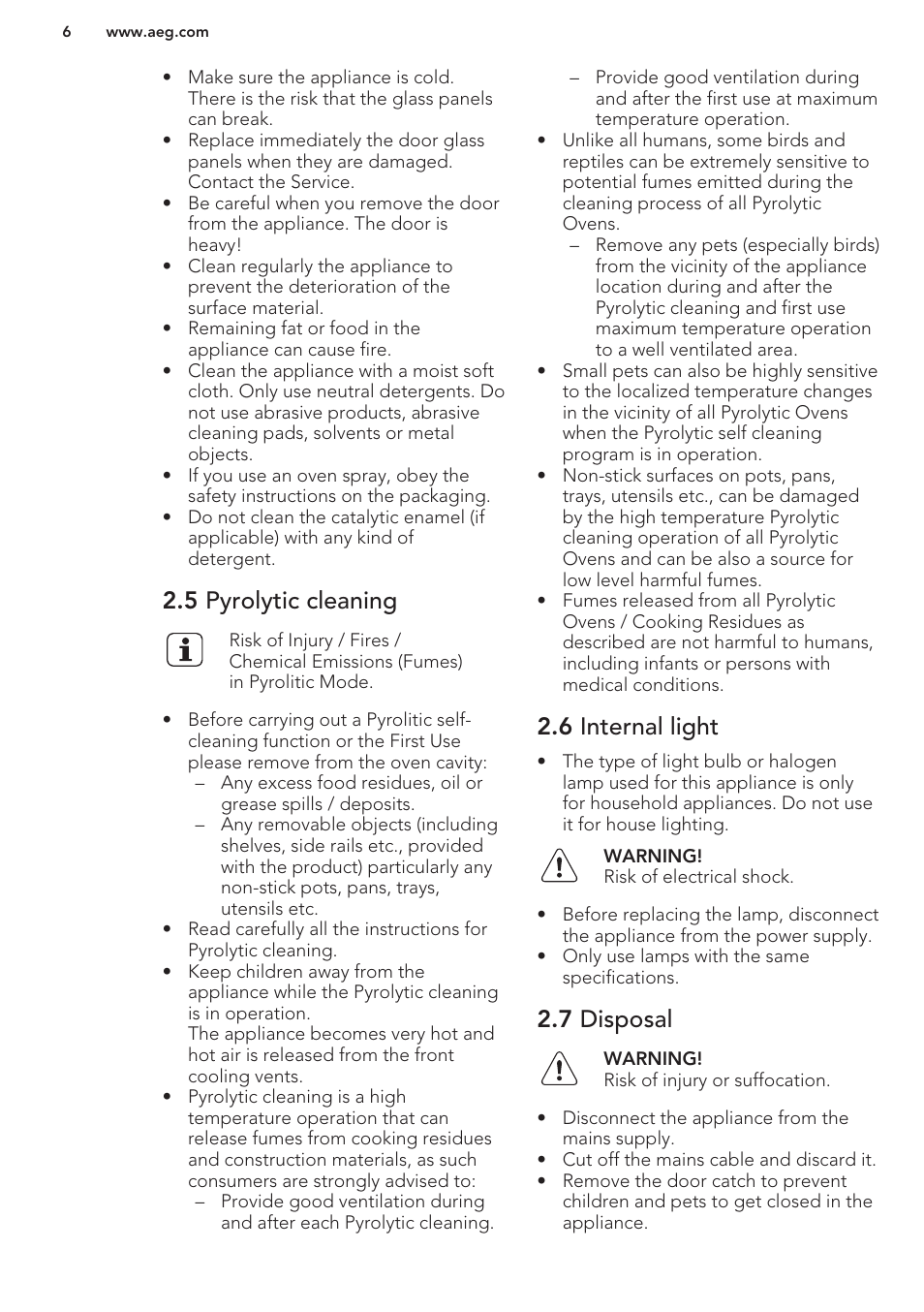 5 pyrolytic cleaning, 6 internal light, 7 disposal | AEG BE5304001M User Manual | Page 6 / 36