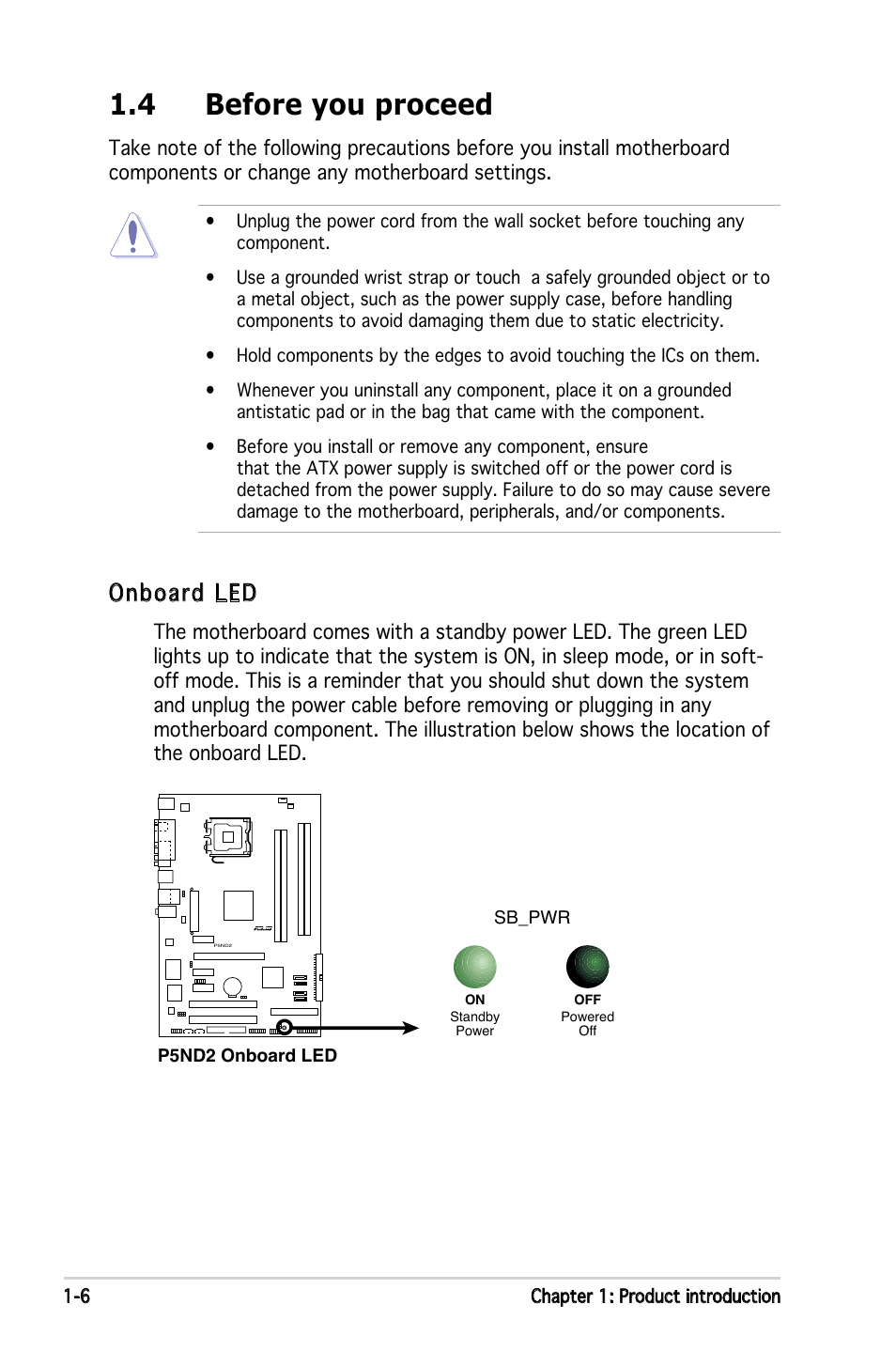 4 before you proceed, Onboard led | Asus Motherboard P5ND2 User Manual | Page 18 / 100