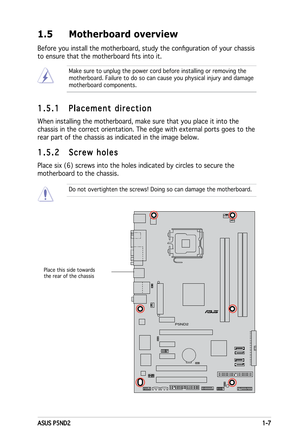 5 motherboard overview, 1 placement direction, 2 screw holes | Asus Motherboard P5ND2 User Manual | Page 19 / 100