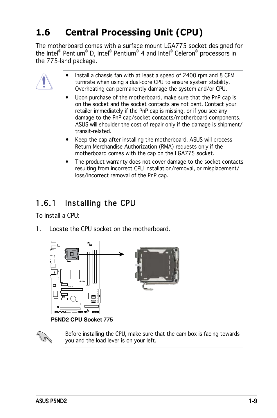 6 central processing unit (cpu), 1 installing the cpu | Asus Motherboard P5ND2 User Manual | Page 21 / 100