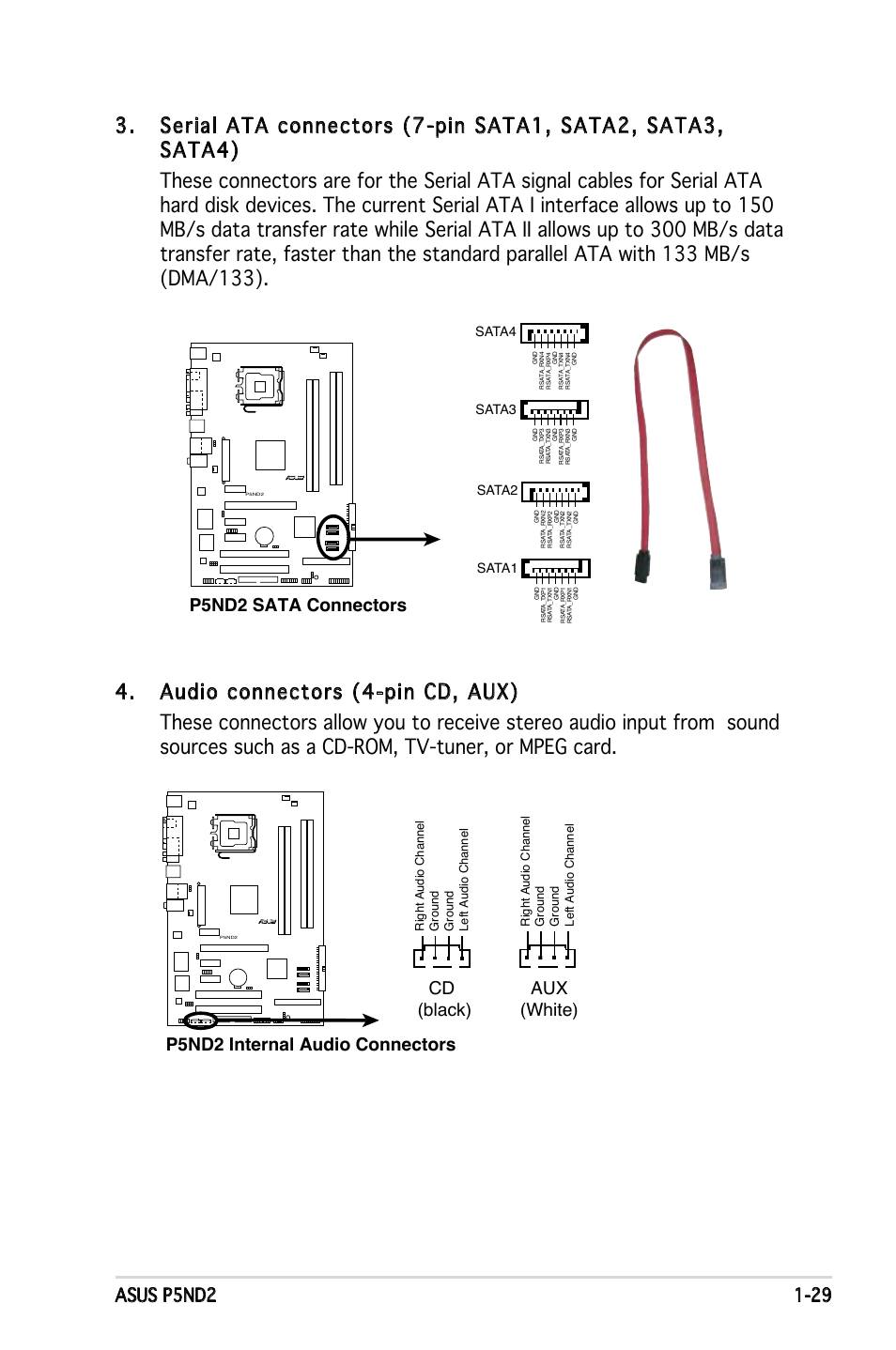 P5nd2 sata connectors, P5nd2 internal audio connectors aux (white), Cd (black) | Sata3, Sata4, Sata2, Sata1 | Asus Motherboard P5ND2 User Manual | Page 41 / 100