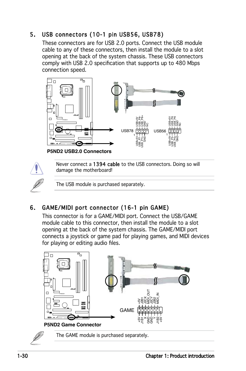 30 chapter 1: product introduction, P5nd2 usb2.0 connectors, P5nd2 game connector game | Asus Motherboard P5ND2 User Manual | Page 42 / 100