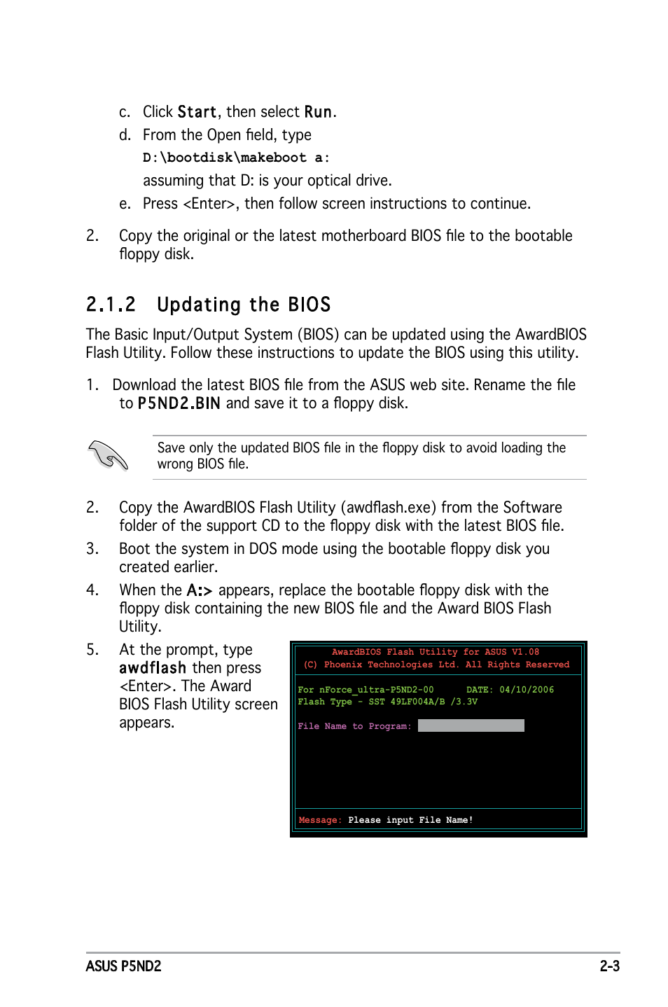 .2 updating the bios | Asus Motherboard P5ND2 User Manual | Page 49 / 100