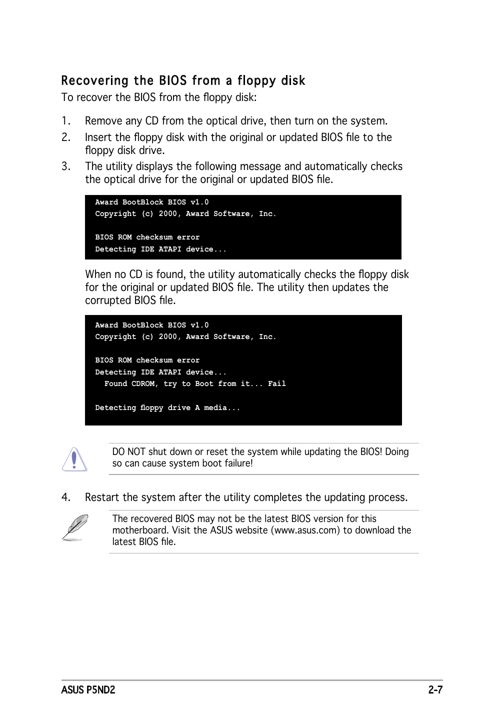 Recovering the bios from a floppy disk | Asus Motherboard P5ND2 User Manual | Page 53 / 100