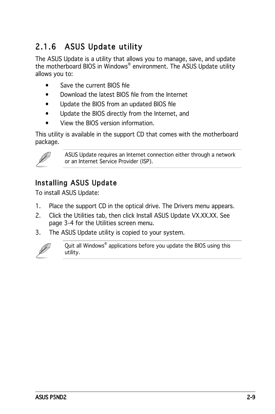 .6 asus update utility, Installing asus update | Asus Motherboard P5ND2 User Manual | Page 55 / 100