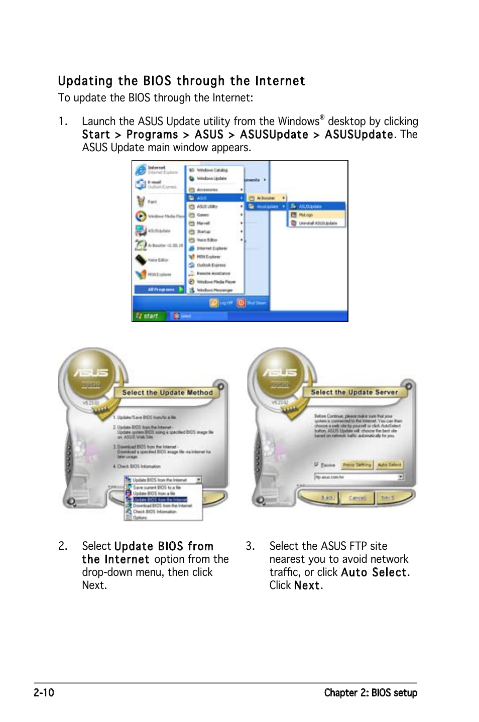 Updating the bios through the internet | Asus Motherboard P5ND2 User Manual | Page 56 / 100