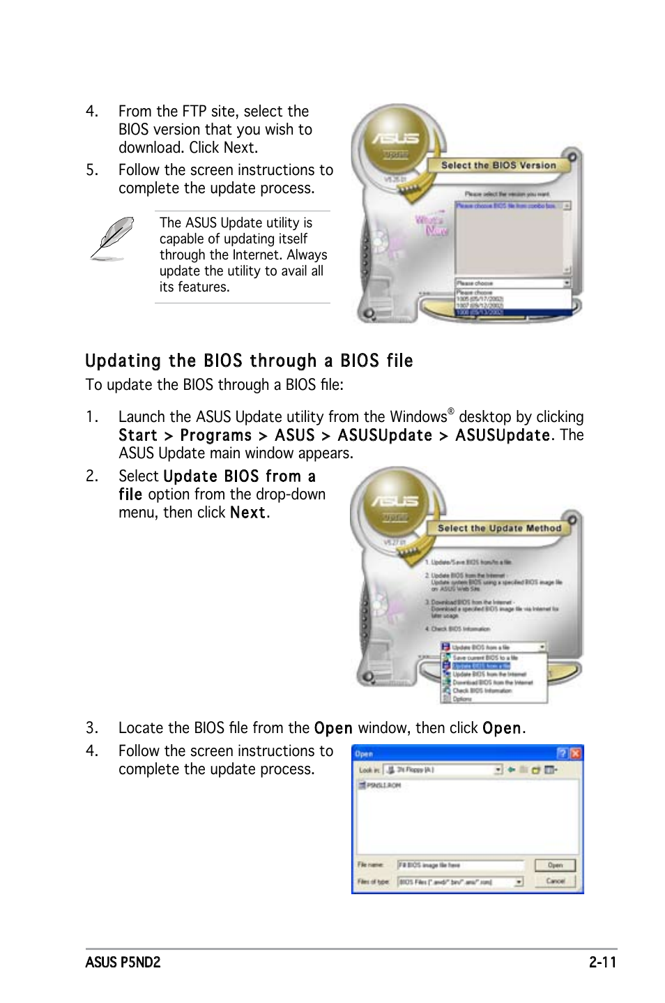 Updating the bios through a bios file | Asus Motherboard P5ND2 User Manual | Page 57 / 100