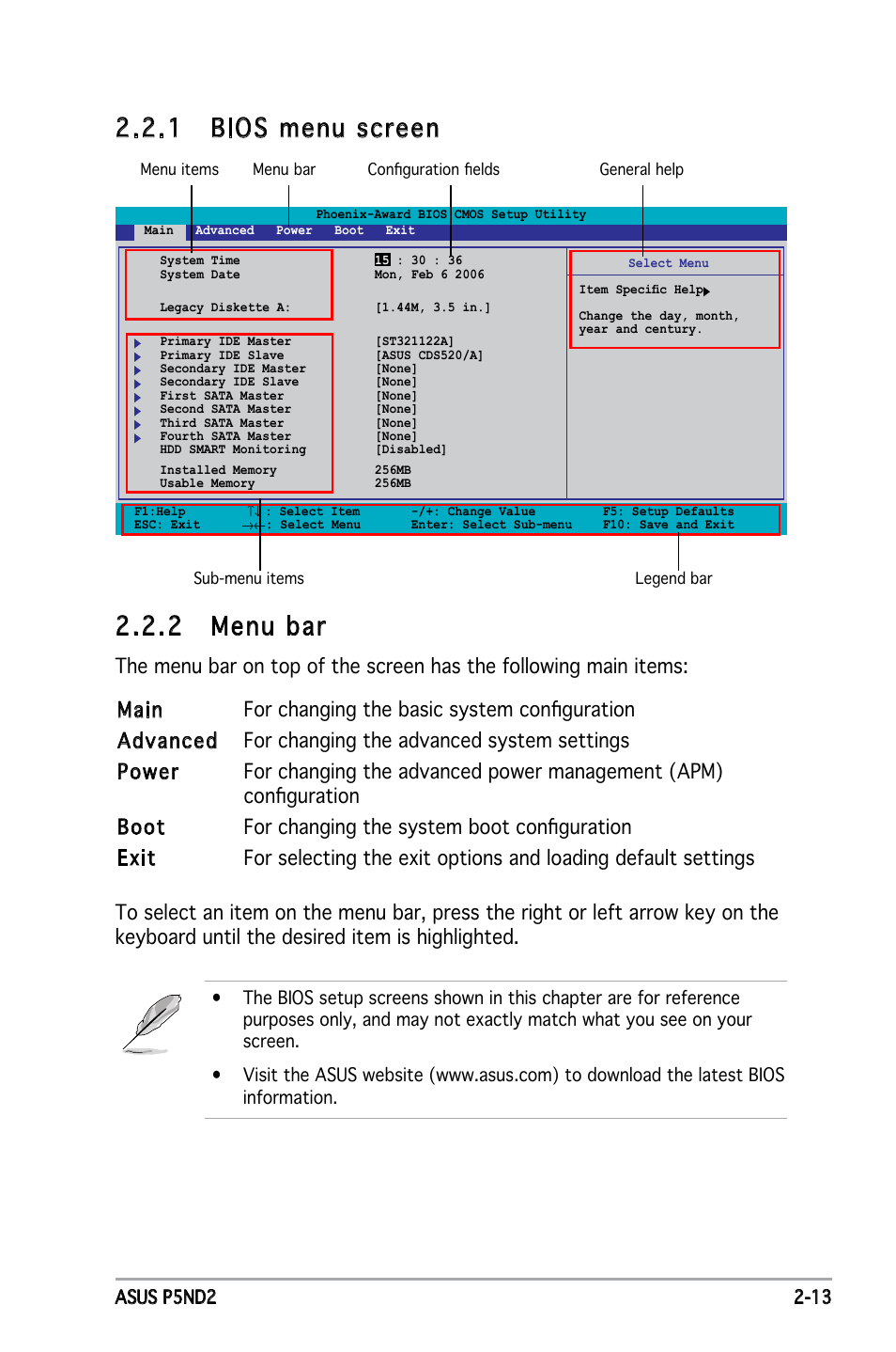 2 menu bar,  bios menu screen | Asus Motherboard P5ND2 User Manual | Page 59 / 100