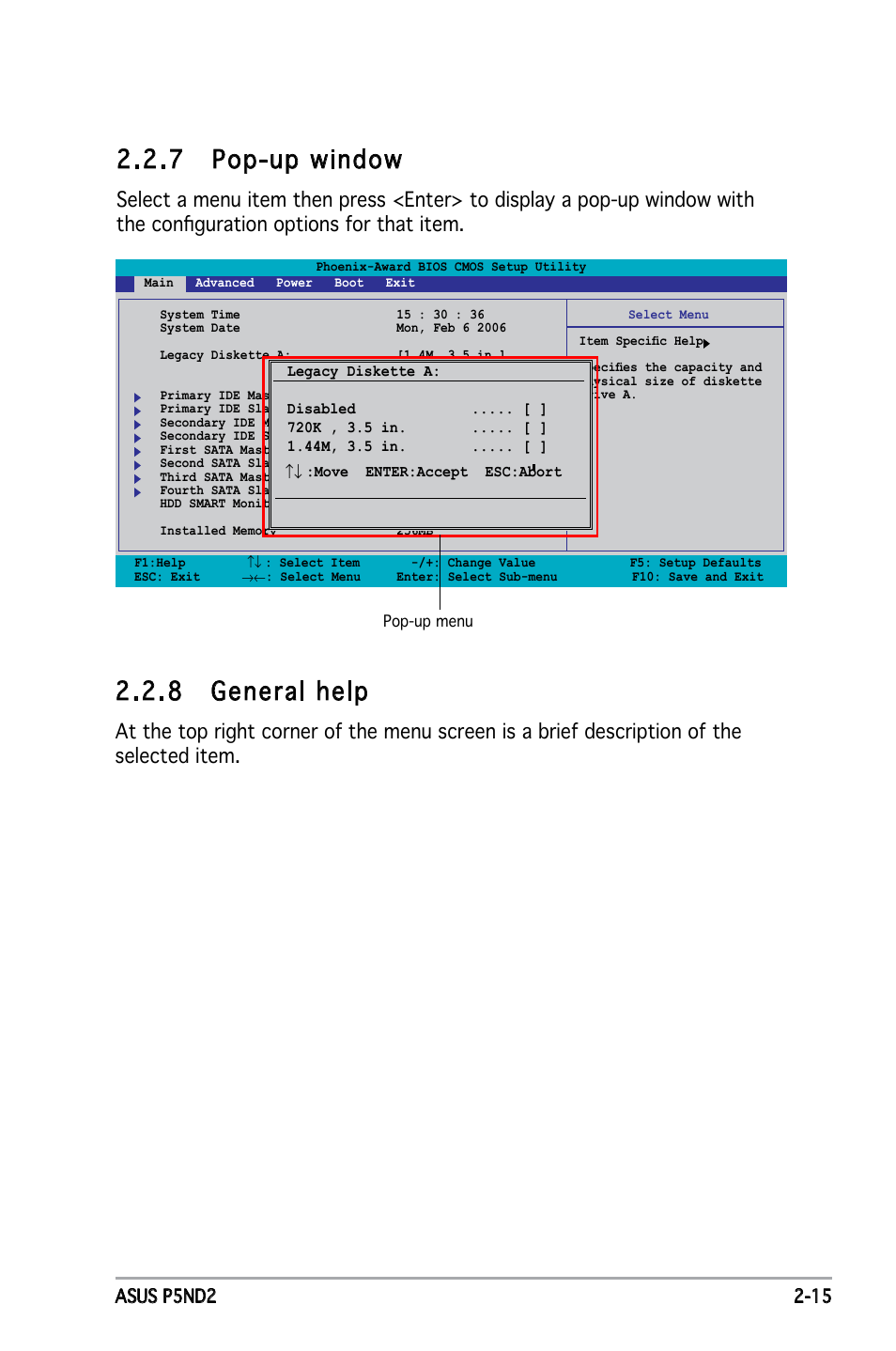  pop-up window,  general help, Asus p5nd2 2-5 | Asus Motherboard P5ND2 User Manual | Page 61 / 100