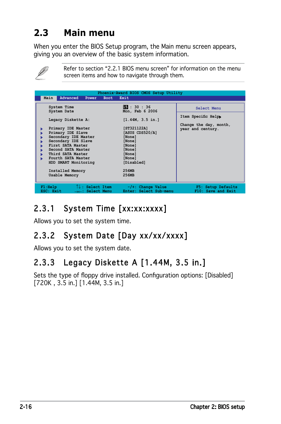 3 main menu, Allows you to set the system time, Allows you to set the system date | Asus Motherboard P5ND2 User Manual | Page 62 / 100