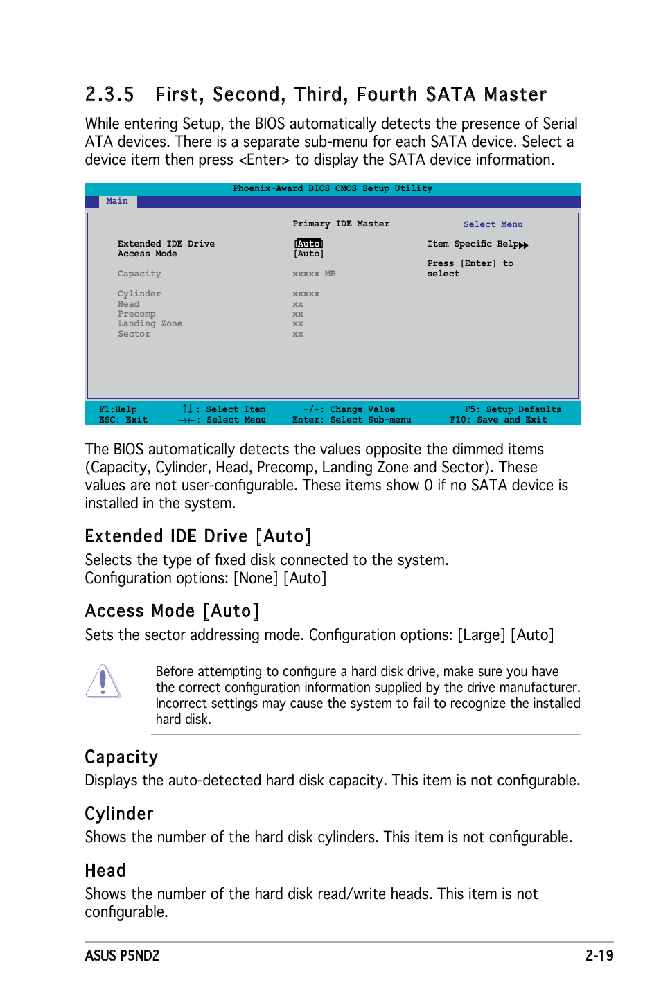 5 first, second, third, fourth sata master, Extended ide drive [auto, Access mode [auto | Capacity, Cylinder, Head | Asus Motherboard P5ND2 User Manual | Page 65 / 100