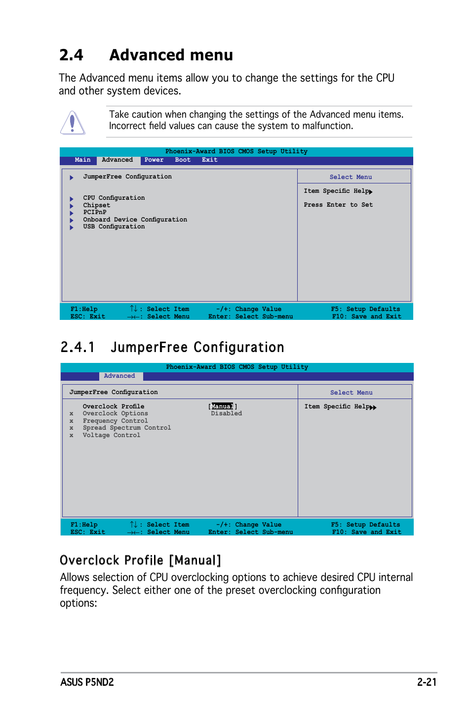 4 advanced menu,  jumperfree configuration, Overclock profile [manual | Asus Motherboard P5ND2 User Manual | Page 67 / 100