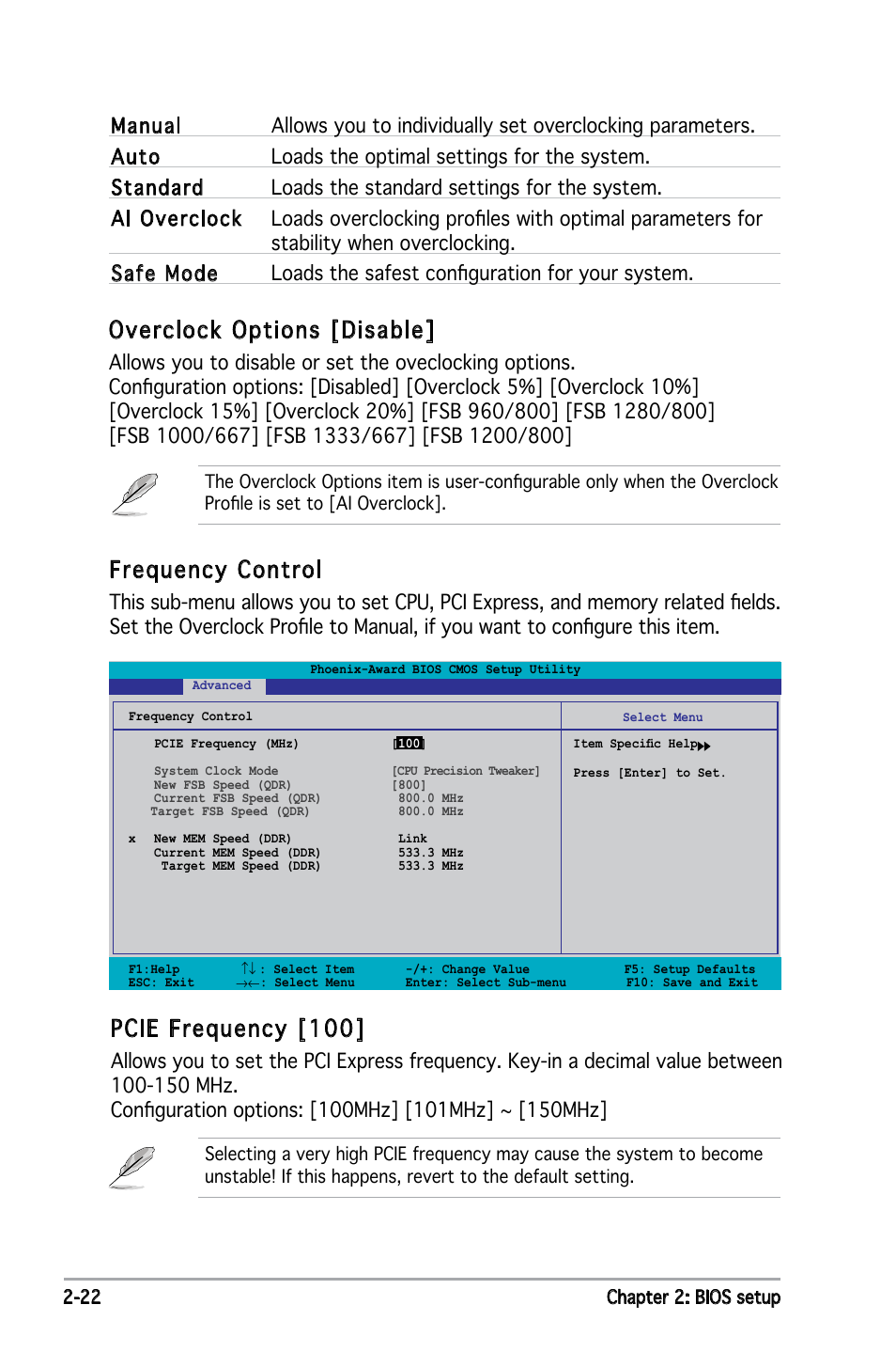 Frequency control, Pcie frequency [100, Overclock options [disable | Asus Motherboard P5ND2 User Manual | Page 68 / 100