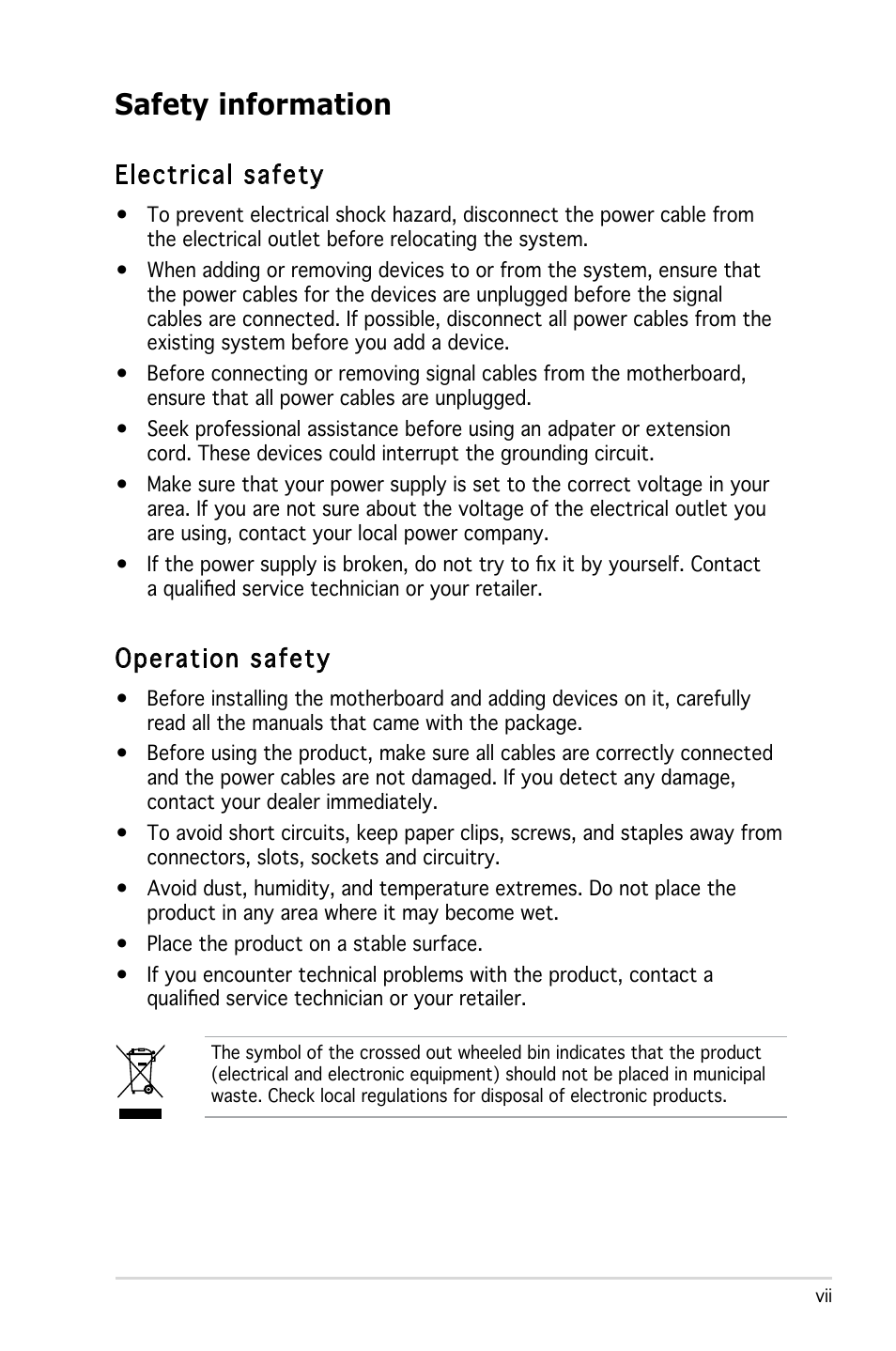 Safety information, Electrical safety, Operation safety | Asus Motherboard P5ND2 User Manual | Page 7 / 100