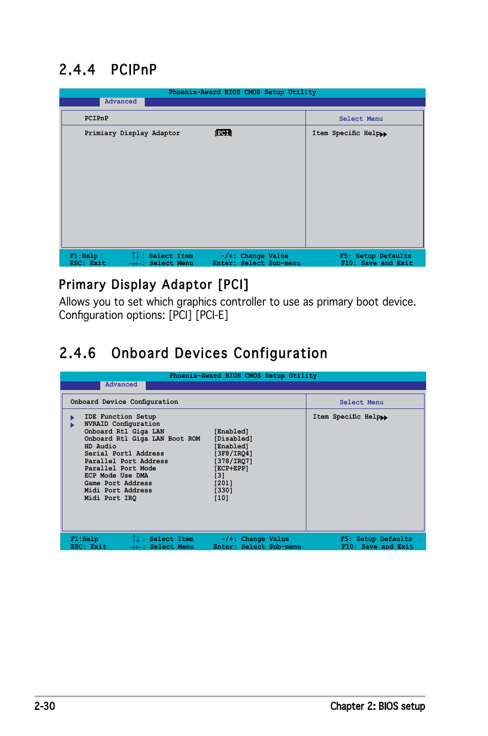 4 pcipnp, 6 onboard devices configuration, Primary display adaptor [pci | 30 chapter 2: bios setup | Asus Motherboard P5ND2 User Manual | Page 76 / 100