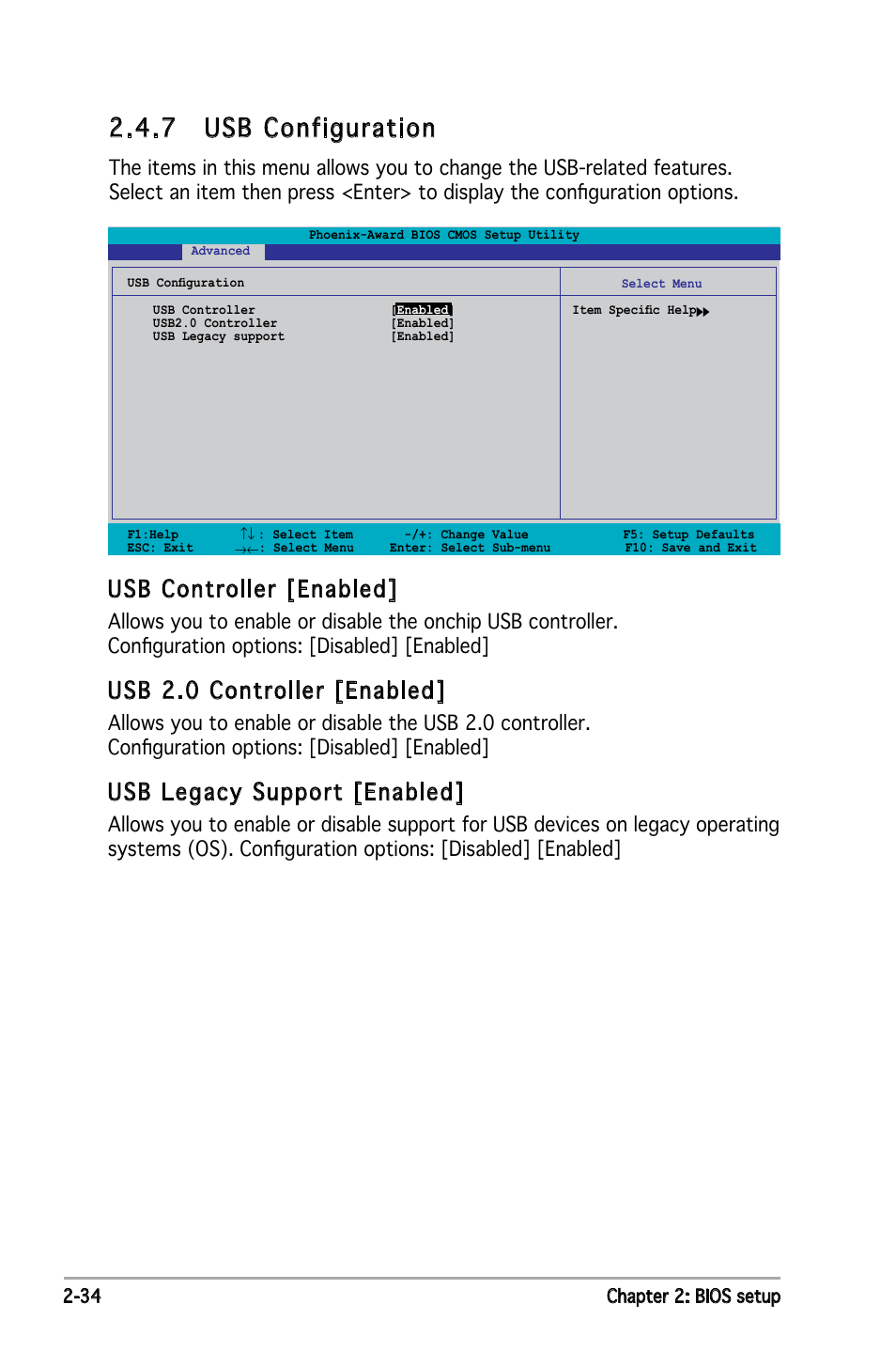  usb configuration, Usb controller [enabled, Usb 2.0 controller [enabled | Usb legacy support [enabled | Asus Motherboard P5ND2 User Manual | Page 80 / 100