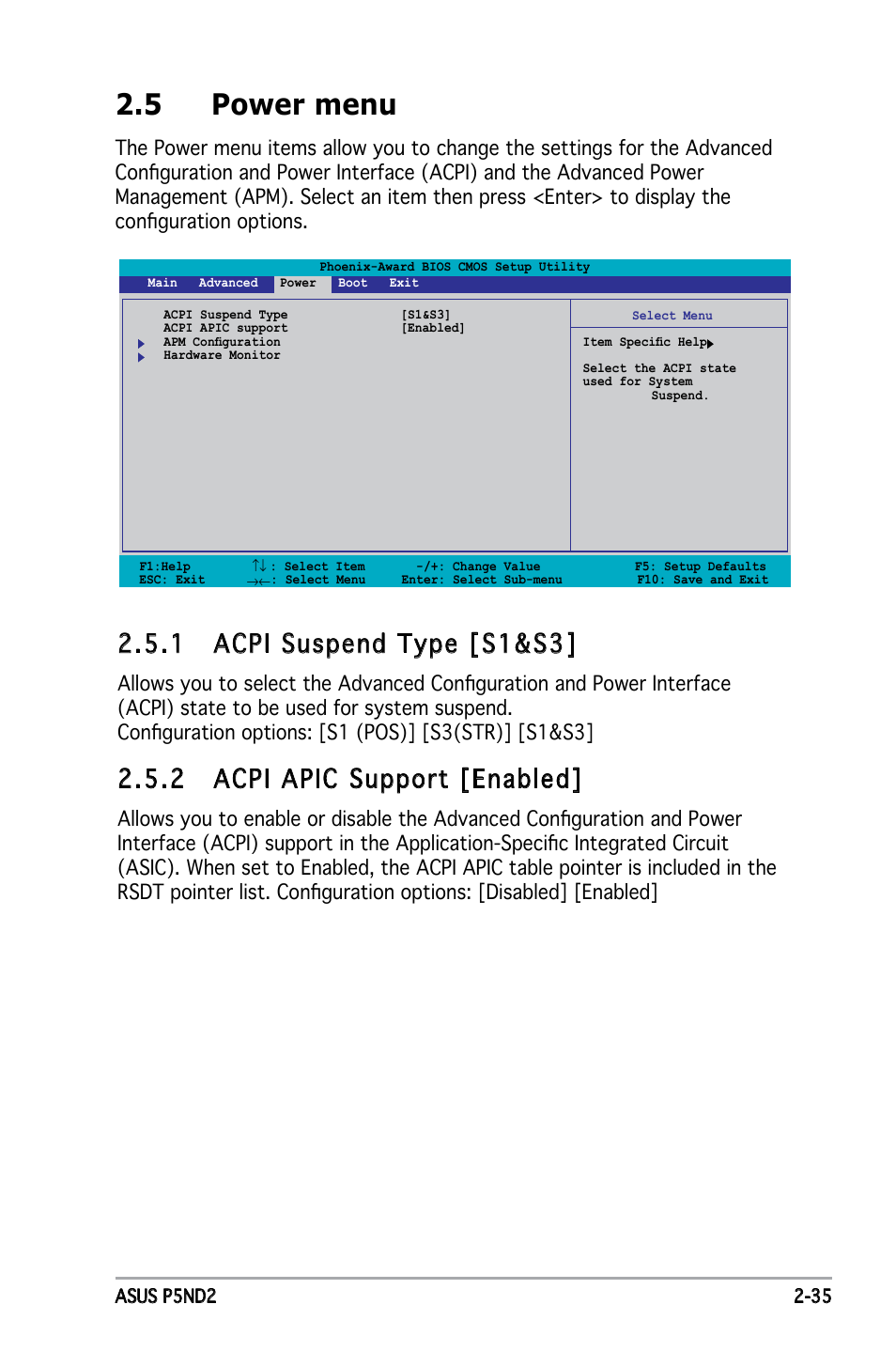 5 power menu, 1 acpi suspend type [s1&s3, 2 acpi apic support [enabled | Asus Motherboard P5ND2 User Manual | Page 81 / 100