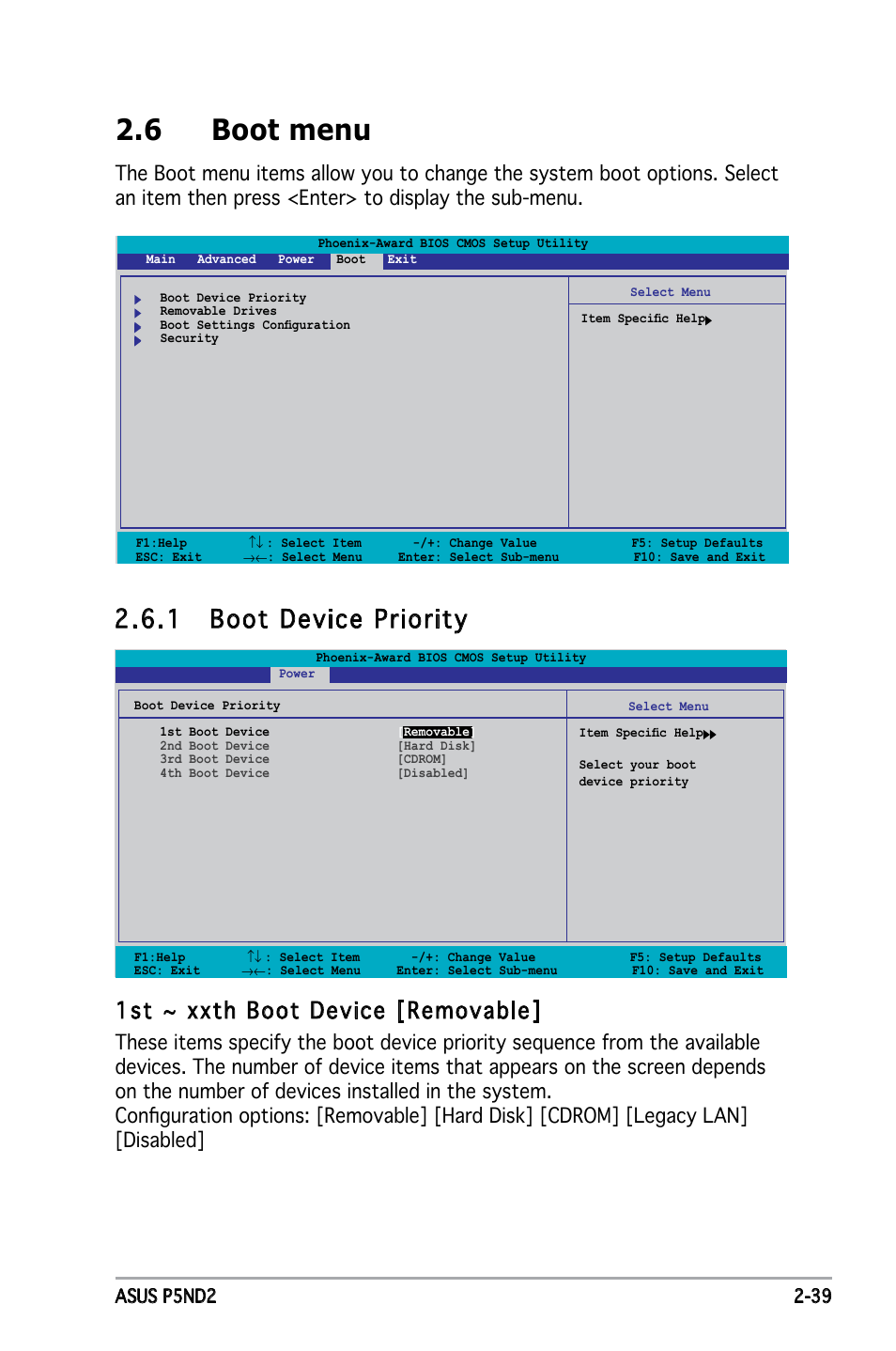 6 boot menu,  boot device priority, 1st ~ xxth boot device [removable | Asus Motherboard P5ND2 User Manual | Page 85 / 100