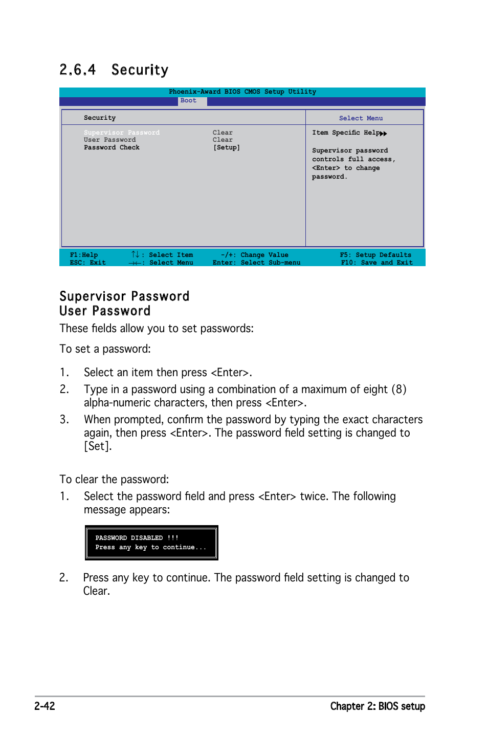 4 security, Supervisor password user password | Asus Motherboard P5ND2 User Manual | Page 88 / 100