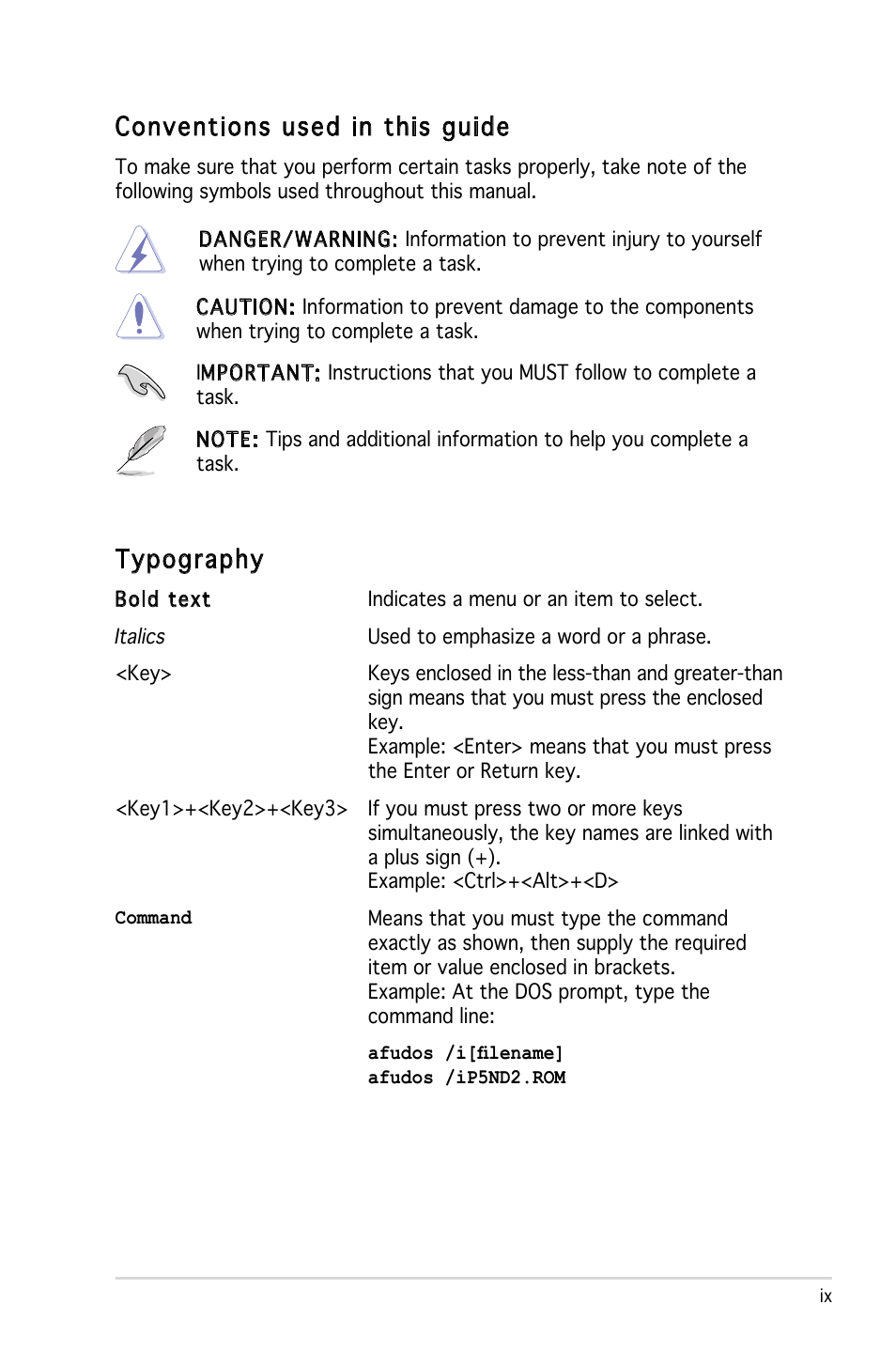 Conventions used in this guide, Typography | Asus Motherboard P5ND2 User Manual | Page 9 / 100