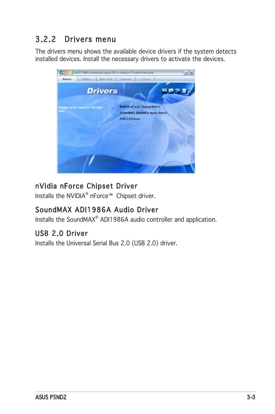 2 drivers menu, Nvidia nforce chipset driver, Soundmax adi1986a audio driver | Usb 2.0 driver | Asus Motherboard P5ND2 User Manual | Page 95 / 100