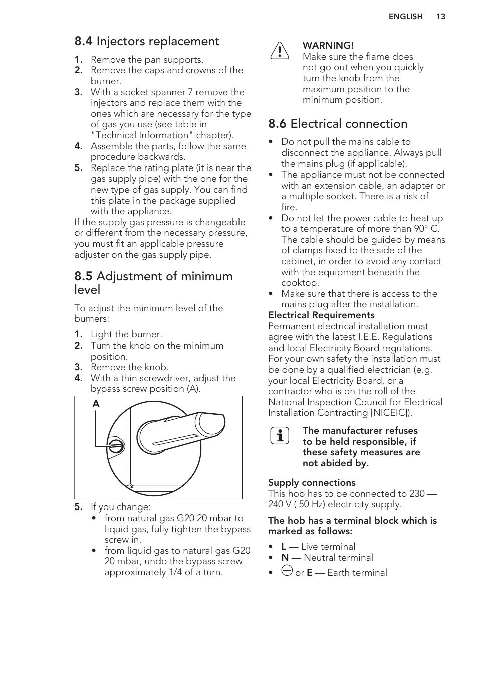 4 injectors replacement, 5 adjustment of minimum level, 6 electrical connection | AEG HG654440SM User Manual | Page 13 / 20