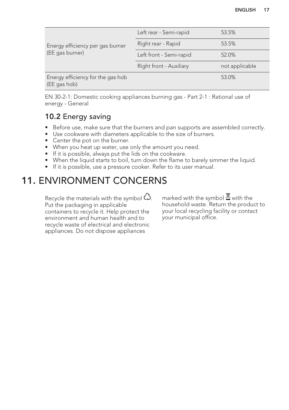 2 energy saving, Environment concerns | AEG HG654440SM User Manual | Page 17 / 20