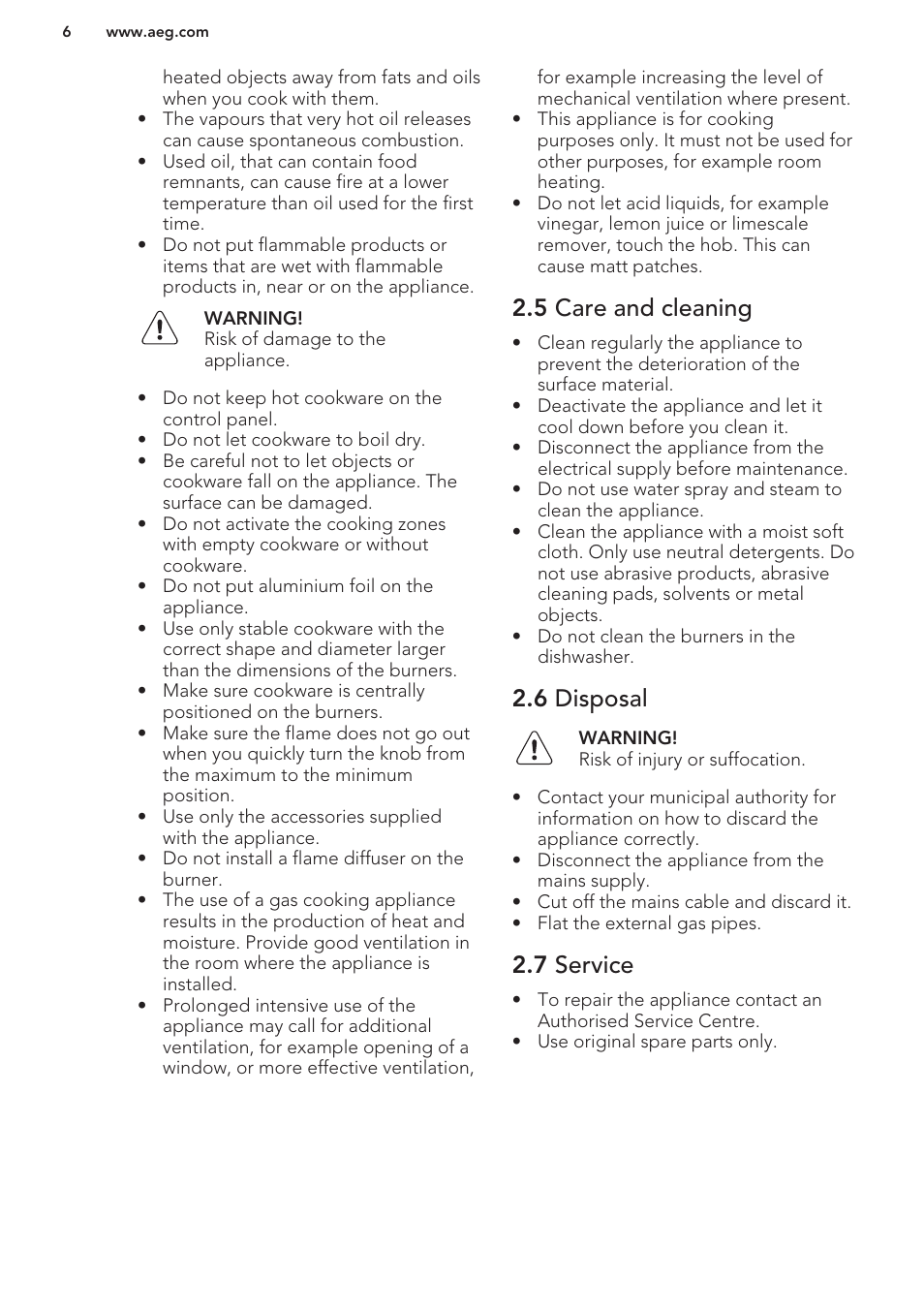 5 care and cleaning, 6 disposal, 7 service | AEG HG654440SM User Manual | Page 6 / 20