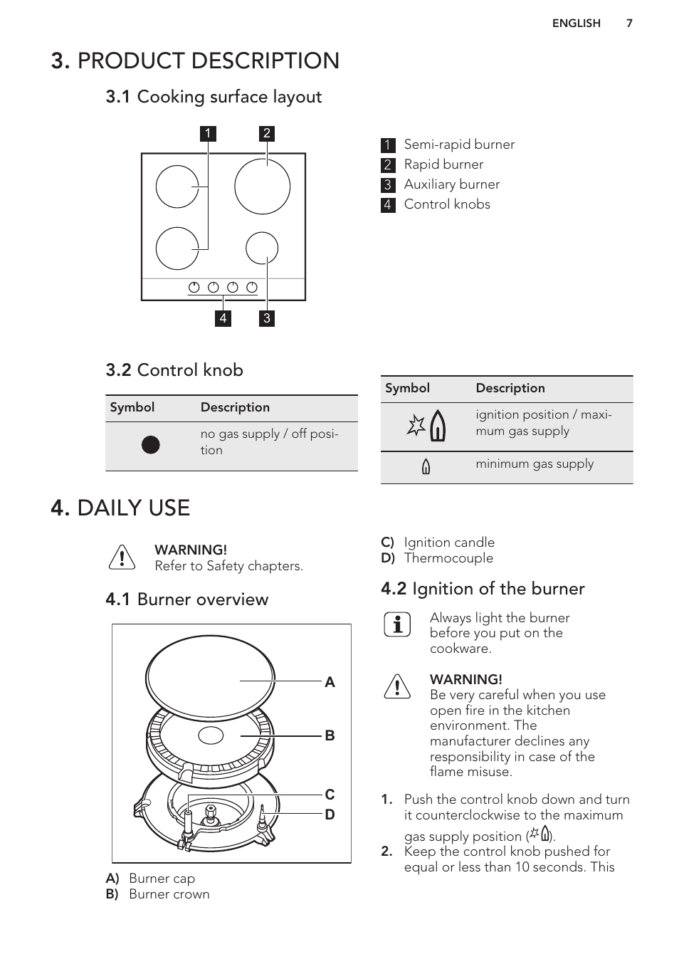 Product description, 1 cooking surface layout, 2 control knob | Daily use, 1 burner overview, 2 ignition of the burner, Product description 4. daily use | AEG HG654440SM User Manual | Page 7 / 20